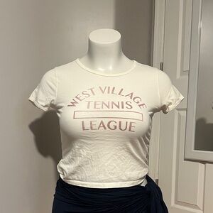 Tennis League Crop Tee in Ivory with Pink Logo